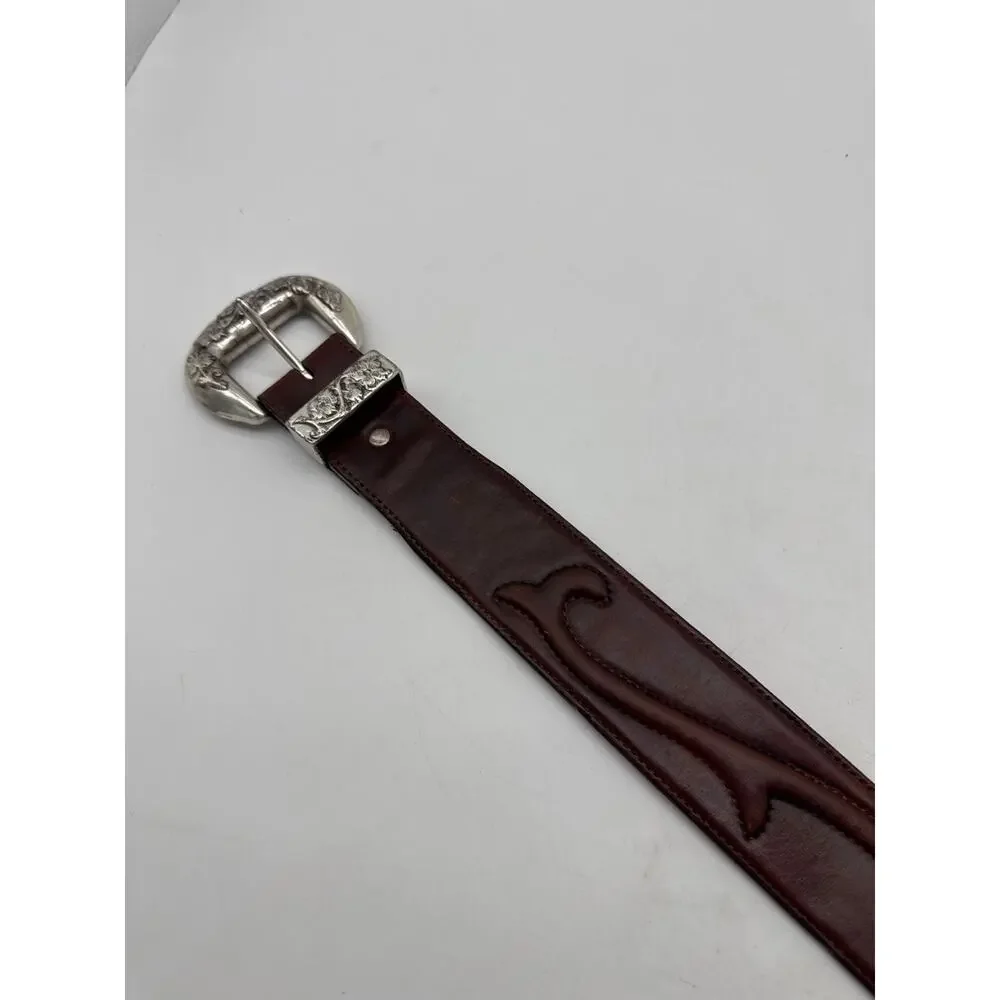 Brighton Embossed Genuine Brown Leather Belt Silver 1993 Buckle 28.5”  USA Made‎